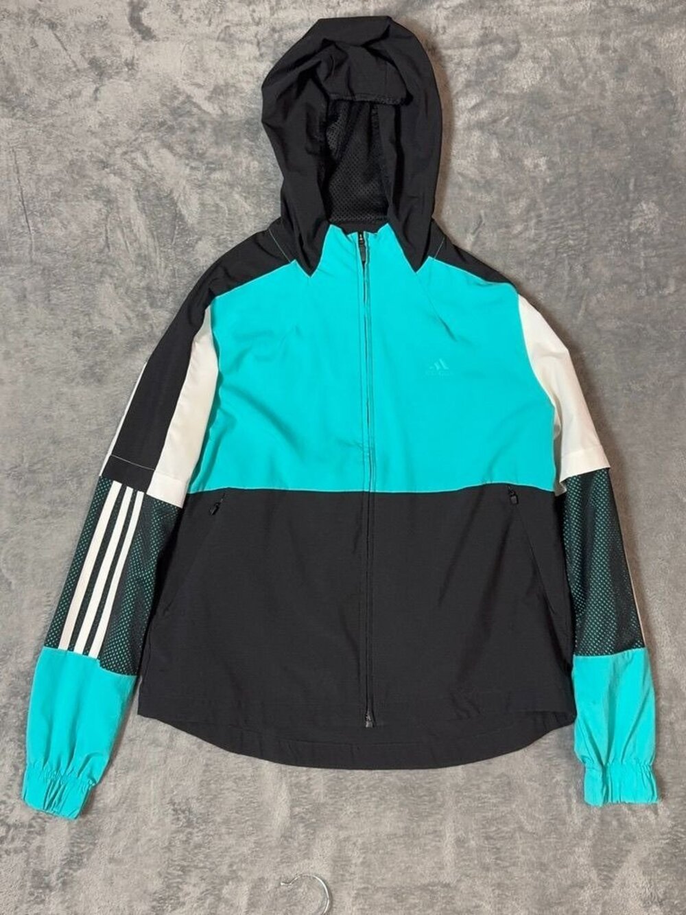 adidas Teal Black White Colorblock Hooded Windbreaker Jacket Size Medium